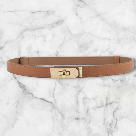 🆕Caramel Slim Leather Belt with Twist-Lock Buckle - Picture 1 of 16